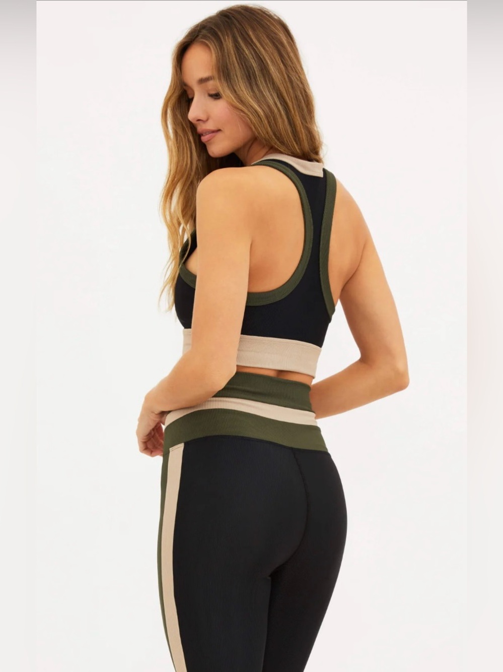 Beach Riot Gwen Colorblock Ribbed Crop Bikini Top Black Olive Tan Gym Beach XS - Picture 3 of 13